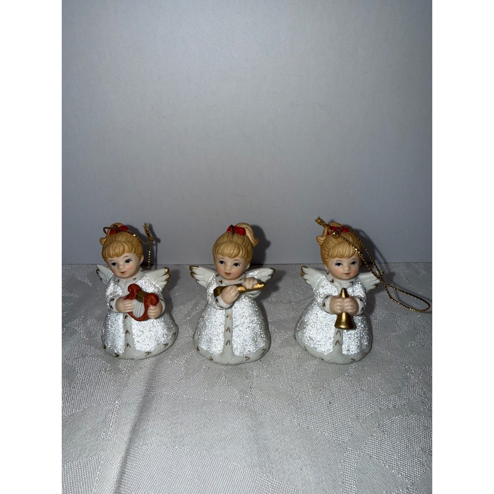 Vintage Homco Porcelain Musical Angel Ornaments Set of 3 White Gold 5414